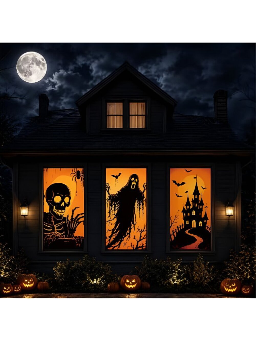 3 Pcs Halloween Ghost Silhouette Window Decor Large Ghost Skeleton Castle